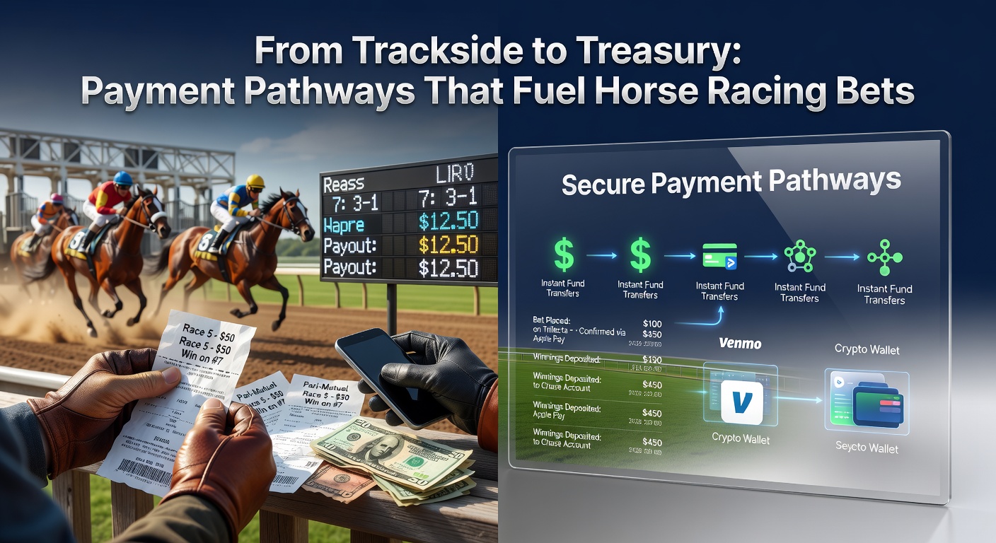 Digitale Zahlungsoberfläche einer Wetten-App während eines Pferderennens, mit Optionen für Karten, E-Wallets und schnelle Auszahlungen