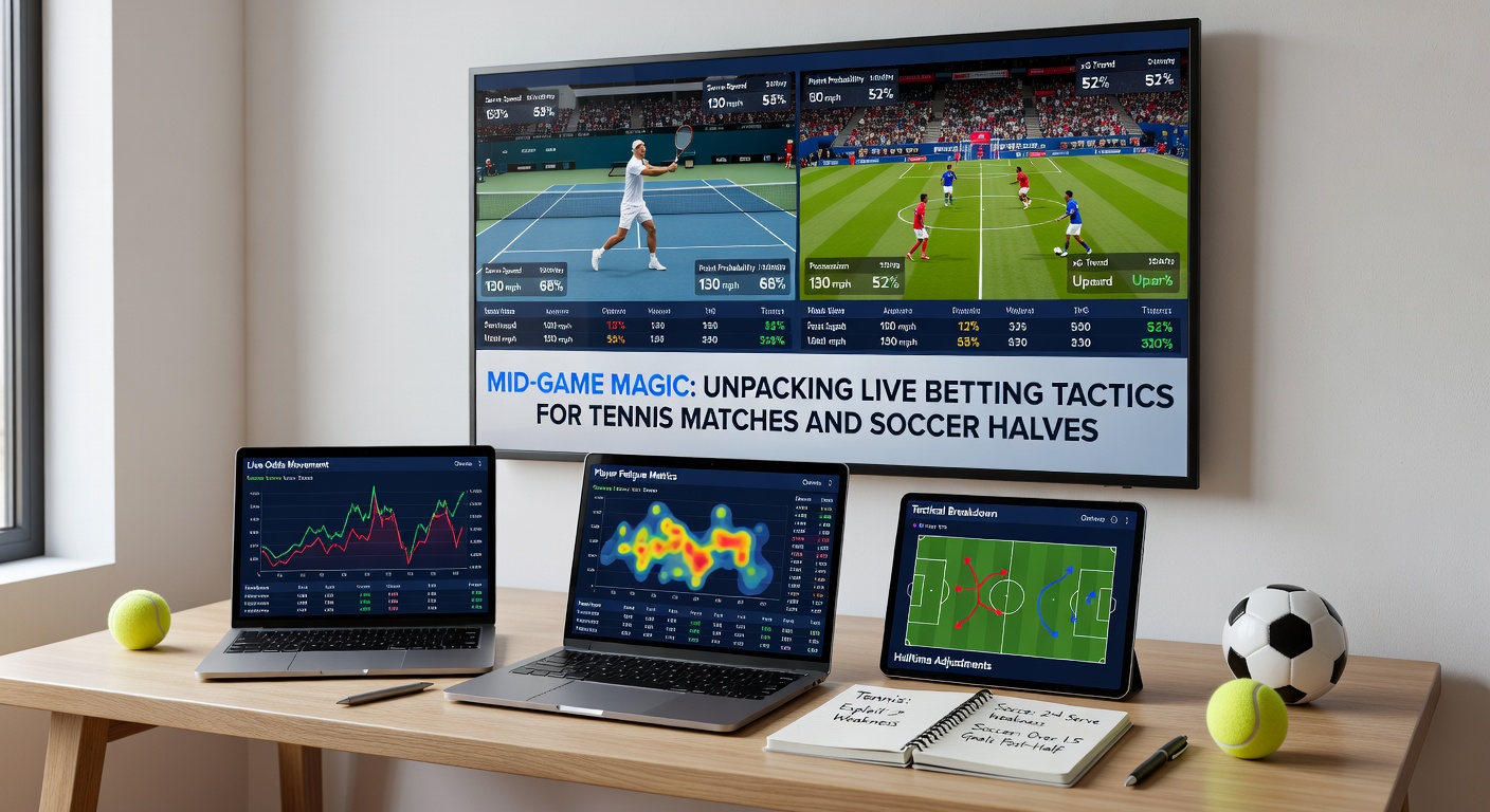 Fußball-Spiel in der zweiten Halbzeit mit Live-Quoten-Overlay, das taktische Wetten auf Tore und Karten hervorhebt